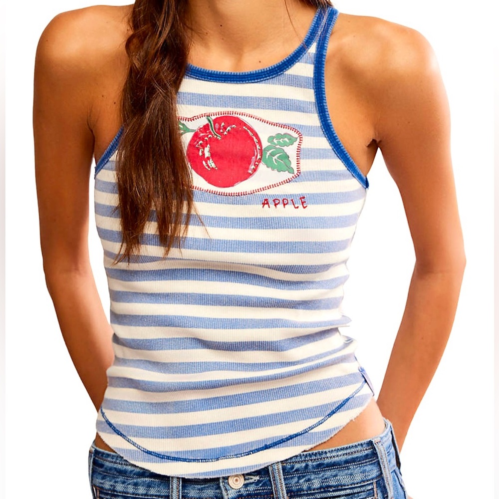 Free People Blue and White Striped Tank Top with Apple Design M NWT